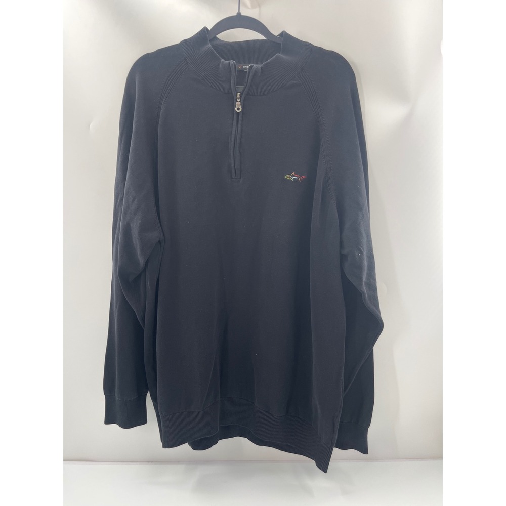 Greg Norman Mens XXL Black Cotton Quarter Zip Pullover Shark Logo Golf Sweater